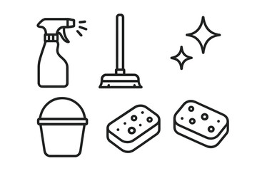 Essential household cleaning tools: spray bottle, broom, bucket, sponges, and supplies