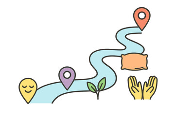 Winding path connecting icons representing relaxation, location, nature, comfort, and care