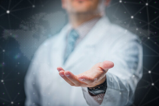 Doctor pressing forward in a futuristic medical environment. Concept of health technology, diagnostics, innovation and telemedicine.