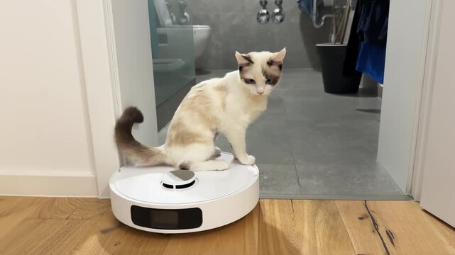 Kitten settled down on the robot vacuum cleaner while it was working in bathroom