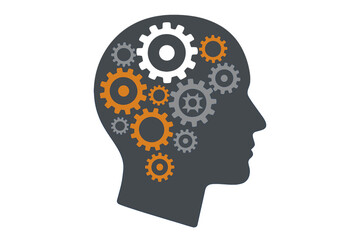 Human head profile silhouette containing rotating gears and cogs symbolizing thought
