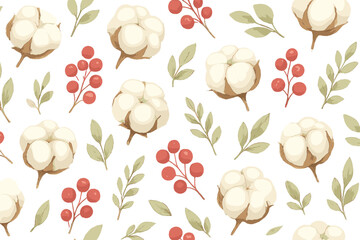 Fototapeta premium Repeating background design featuring fluffy cotton blossoms, winter berries, and botanical leaves