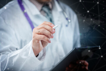 Doctor offering open hand in digital medical scene. Concept of healthcare support, innovation,...