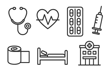 Essential medical and healthcare symbols: stethoscope, heartbeat, pills, syringe, hospital, and bed