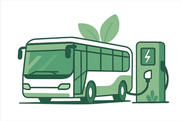 Eco-friendly public transportation bus charging at an electric vehicle station with green leaves symbol © Andrei