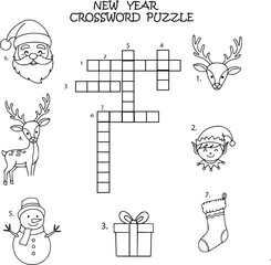 Christmas Crossword Puzzle for Kids – Printable Black and White Vector Worksheet