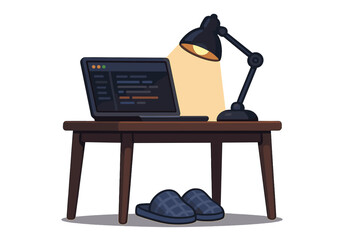 Cozy home workspace setup for remote work with laptop coding screen and warm slippers