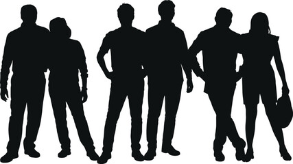 Silhouettes of diverse group of people standing together, teamwork concept, unity, collaboration, community strength, leadership, modern crowd illustration