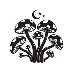 Black and White Silhouette Vector of Mystical Mushrooms with Moon and Stars.