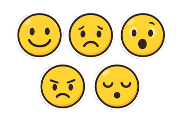 Set of five yellow emoji faces showing essential human emotions and feelings