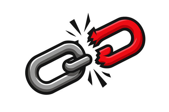 Heavy duty metal chain link snapping in half, red and gray segments