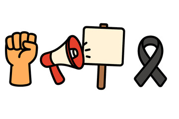 Raised fist megaphone protest sign and black ribbon symbols of activism and awareness