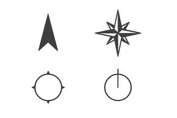 Minimalist set of four navigation and direction icons including compass rose and location markers