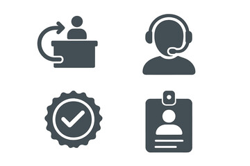 Monochromatic glyph icons for customer service, help desk, call center, verified seal, and ID badge