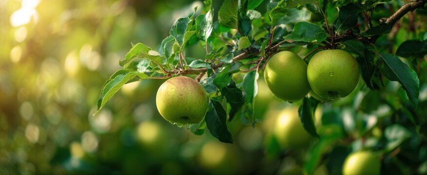 The Apple Branch Laden with Fresh Green Apples in a Sunlit Orchard Morning