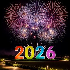 A dazzling New Year's Eve scene featuring the numbers 2026 in bold colors set against exploding fireworks