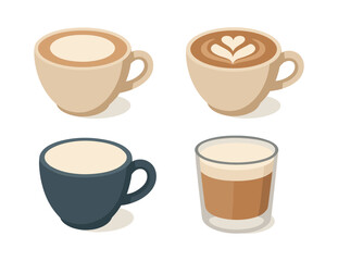 Obraz premium Coffee cups set, latte art, cappuccino, flat vector illustration