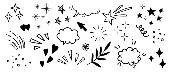 Hand drawn doodle design elements, black on white background. Swishes, swoops, emphasis, Arrow, crown, brush stroke. doodle sketch design elements