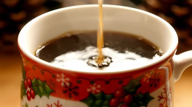 Hot beverage being poured into a festive holiday mug close-up.
