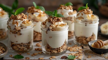Delicious yogurt parfaits with granola and fresh mint