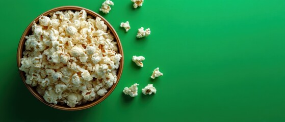 Bowl of popcorn on green background