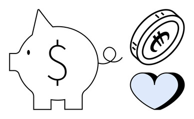 Piggy bank with dollar symbol, coin, and heart illustration representing saving money, financial security, love, value, charity, investment, and wealth in a simple flat metaphor