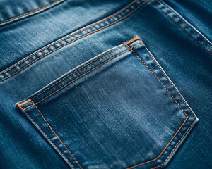Close up of classic blue jeans textile. Detail of denim pants pocket.