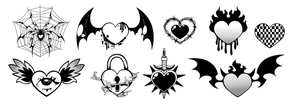 Goth heart tattoos set isolated on white. Vector illustration of black love symbols y2k design decorated with eye, devil or bat wings, lock, candle, spider web, wire, flame, old school punk stickers