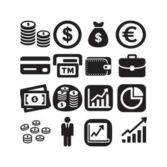 Black Silhouette Vector Icons for Finance, Business, Banking, and Investment.