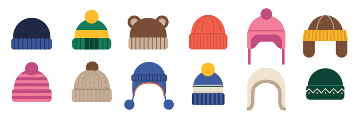 Winter hats vector, collection including wool caps and stylish knitted beanies, flat fashion illustrations perfect for cold-weather outfits, casual wear, and winter design projects.