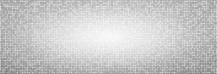 Fototapeta na wymiar Silver disco ball texture with glitter effect. Vector realistic illustration of seamless glass mosaic pattern, light sparkling in square mirror tiles, dance club wallpaper, abstract shiny backdrop