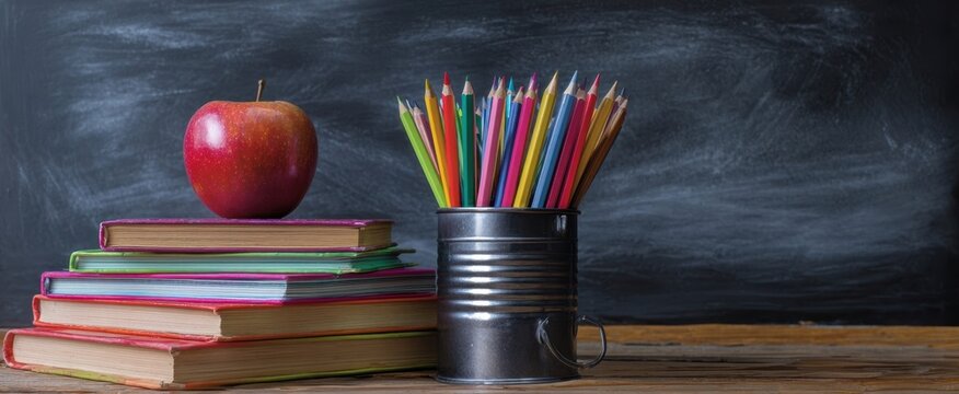 The Apple on Stacked School Books with Colored Pencils and Chalkboard Background