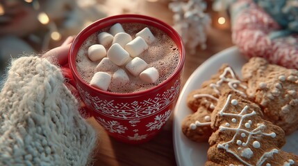 Hands in a cozy sweater holding a warm cup of cocoa with marshmallows and cookies, Christmas decorations, a gift and fir branches. Winter mood. Merry Christmas!