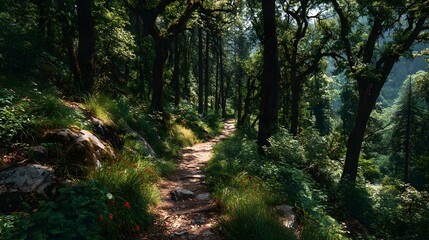 Obraz premium Dirt hiking trail winding through dense green forest with dappled sunlight filtering through trees showing summer nature walk and quiet woods.