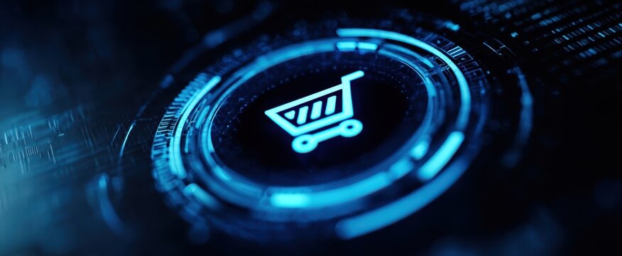 The Shopping Cart Icon on a Futuristic Glowing Digital Ecommerce Interface