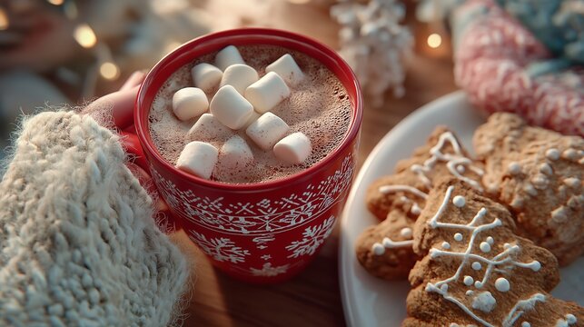 Hands in a cozy sweater holding a warm cup of cocoa with marshmallows and cookies, Christmas decorations, a gift and fir branches. Winter mood. Merry Christmas!