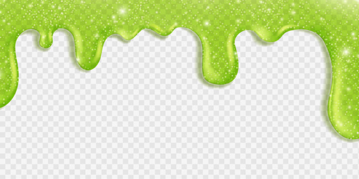 Vector green slime dripping frame with sticky jelly texture. Halloween goo border with realistic liquid splash and toxic snot drops on transparent background. Bright spooky design for monster banners