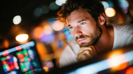 Stressed office worker at computer desk late at night surrounded by glowing monitors in tech workplace. Shot about overtime deadline pressure burnout and long hours in IT and finance..