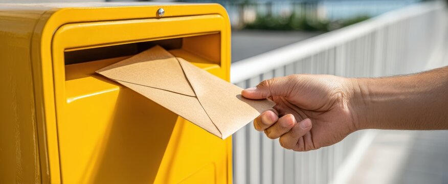 The Mailbox Receiving a Brown Envelope from a Human Hand in Bright Sunlight