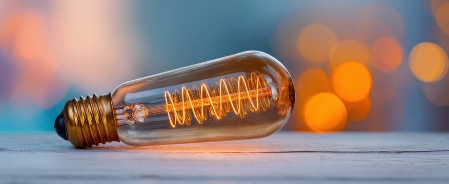 The light bulb with glowing filament on rustic wood against warm bokeh background