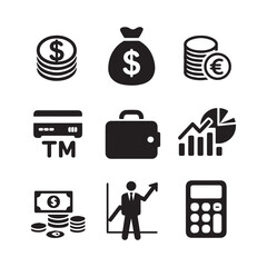 Black Silhouette Vector Icons for Finance, Business, Banking, and Investment.