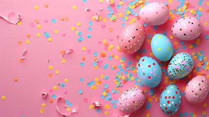Festive easter eggs scattered with colorful confetti on a pink background