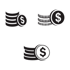 Black Silhouette Vector Icons of Stacked Dollar Coins for Finance and Banking.