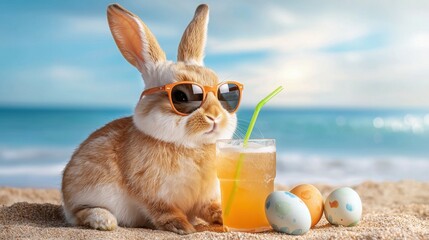 Cute Rabbit Wearing Sunglasses Enjoying Drink on Sunny Beach