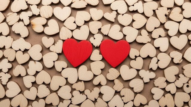 Two bright red wooden hearts nestled among scattered light wood heart shapes love