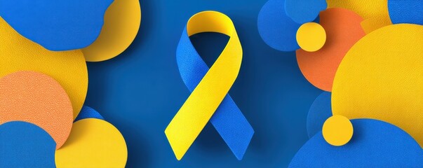 Yellow-blue awareness ribbon on colorful abstract background, World Down Syndrome Day