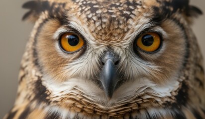 Obraz premium Majestic owl gazes intensely with piercing orange eyes in soft natural light