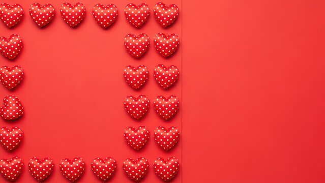 Red polka dot hearts arranged in a frame on a red background pattern love