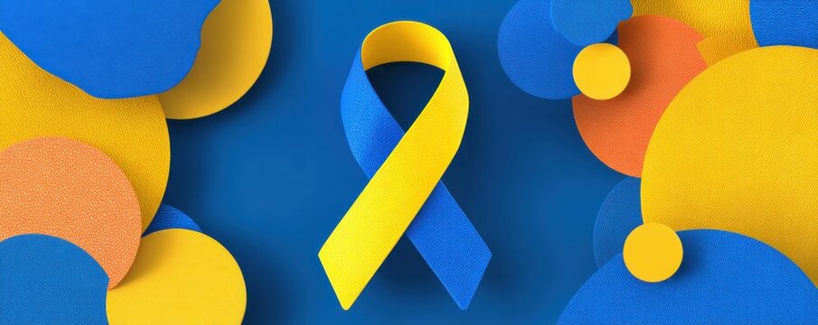 Yellow-blue awareness ribbon on colorful abstract background, World Down Syndrome Day