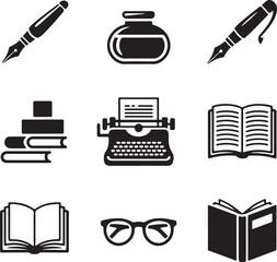 Education icons, fountain pen, ink pot, open book, typewriter machine, reading glasses